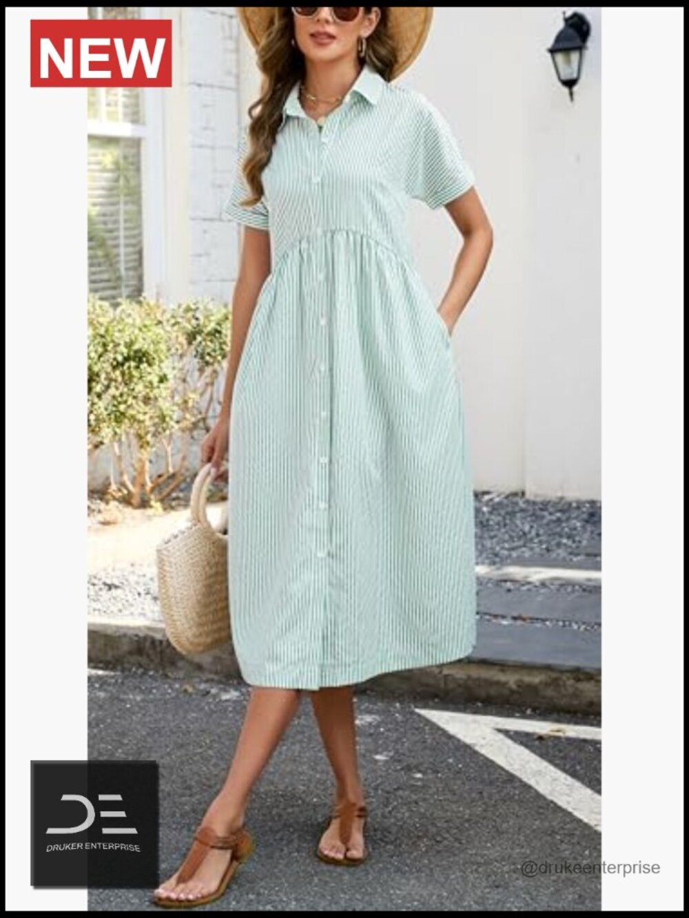Striped Midi Shirt Dress Short Sleeve Button Down Side Slit Casual Beach - Picture 4 of 7